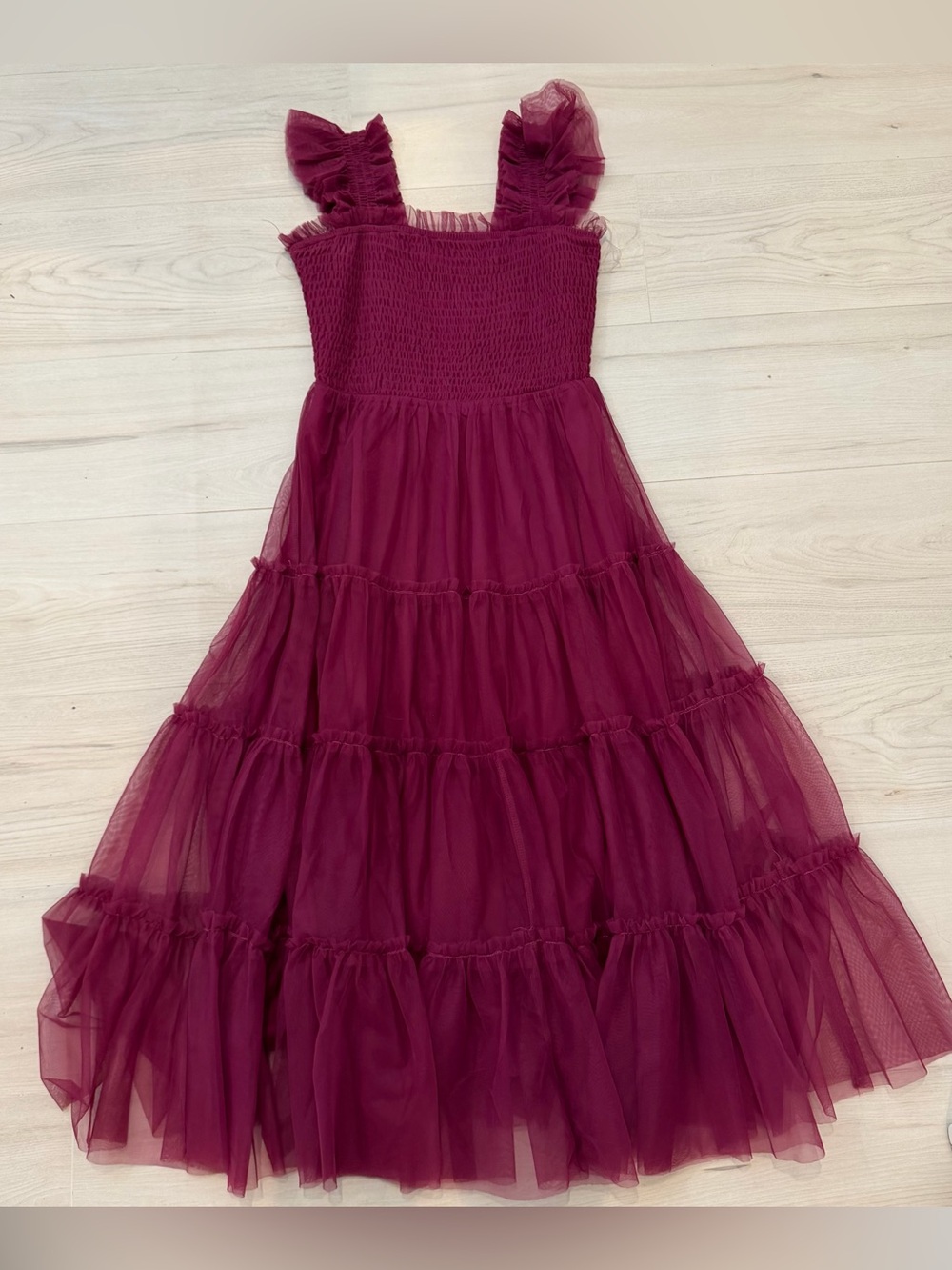 Baltic Born Burgundy Ruffled Tulle Midi Dress